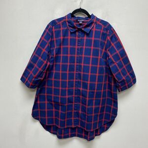 Roamans Womens Blue Red Gingham Button Up 3/4 Sleeve Plus Collared Shirt 24W